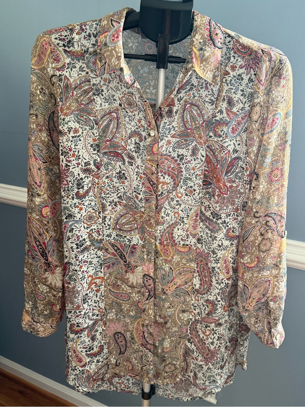 Figueroa & Flower Paisley Boho Button Down Tunic Blouse | Large